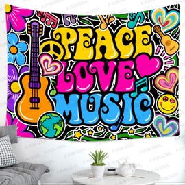 F-FUN SOUL Peace Love Tapestry, Large 80x60inches Soft Flannel, Music Guitar Symbol Dove Flowers 70s Hippie Psychedelic Tapestries Wall Hanging for Bedroom Living Room Decor Banner GTZYFS1201