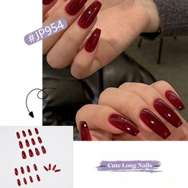 Red Press on Nails - Coffin False Nails - Press on Nails Long - Elegant Dark Red Nail Tips - 24Pcs Reusable Burgundy False Nails for Women Daily Wear