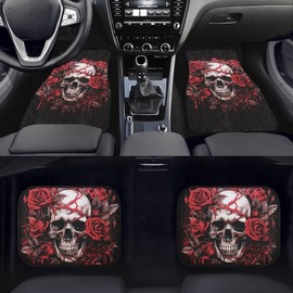 Poceacles Gothic Skull Red Rose Universal Fit Carpet Floor Mat, 4 Pieces Car Floor Mats Auto Carpet Car Mats Fit for SUV Van Sedan Truck Car Interior Decoration, Set of 4