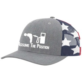 Trenz Shirt Company Gas Pump Assume The Position Gas Prices Funny Mens Embroidered Mesh Back Trucker Hat, Heather Grey/American Flag