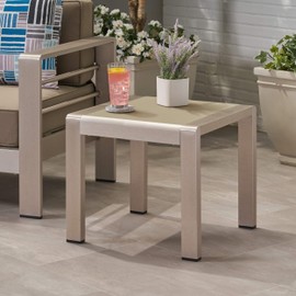 Giovanna Coral Outdoor Aluminum Side Table with Glass Top, Matte Gray and Silver Finish