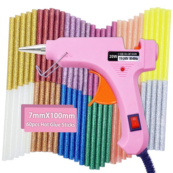 Hot Glue Gun, Heats Up Quickly 20W Mini Heating Hot Include 60 Pieces Glitter Hot Glue Colored Gun Sticks, 12 Colors,for DIY Arts, Hobby, Craft, Home Repairs, Fabric,Wood, Glass, Card (Pink)