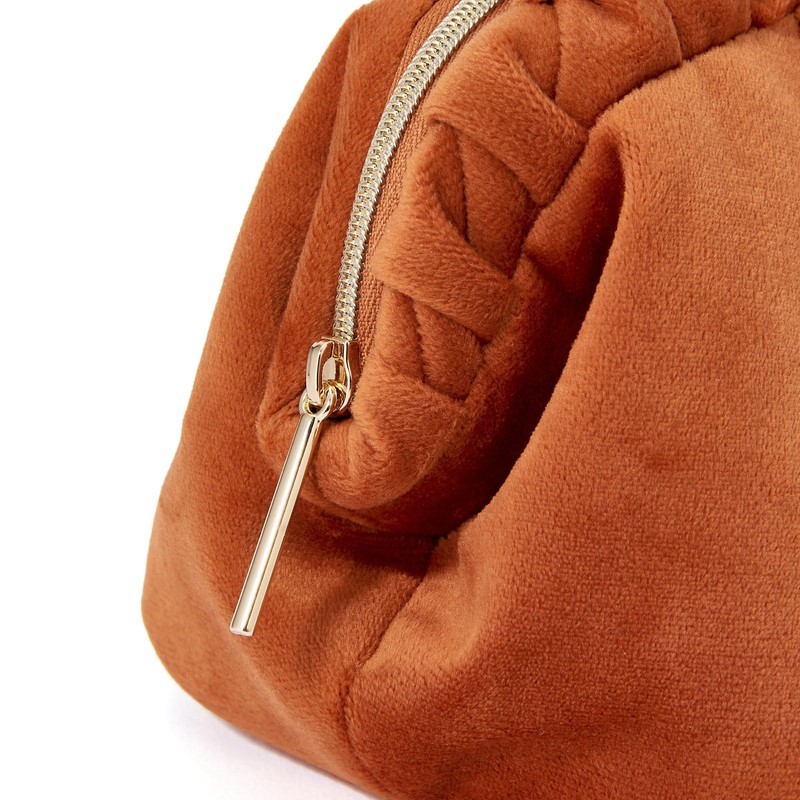 Francfranc Velour Pleated Wire Pouch, Orange with Pocket, Cosmetic Storage