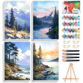 Fountor 4 Pack Framed Paint by Numbers Kit for Adults Beginners with Wooden Easel, DIY Landscape Arts and Crafts for Adults, Painting by Numbers for Home Wall Decor, 8x12 inch