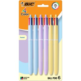 BIC 4 Color Pastel Barrel Multicolor Ballpoint Pens, Medium Point (1.0 mm), Pack of 6 Pens with Black, Blue, Green and Red Ink