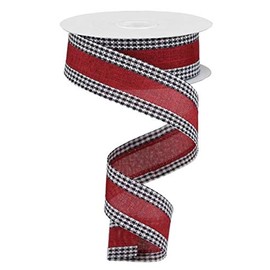 Solid Canvas Ribbon with Gingham Wired Edge - 10 Yards (Burgundy, Black, White, 1.5 Inch)