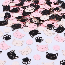 Sursurprise Kitten Confetti, Pack of 200 Pink Black and White Glitter Cat Circle Dot Paw Table Scatter for Cat Themed Party Decoration