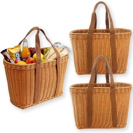 2 Pcs Plastic Wicker Shopping Basket with Handle12"x 8.5"x 6"Hand-Woven Plastic Picnic Basket Reusable Camping Market Basket for Groceries Organization Decor Camping Lightweight Wicker Tote