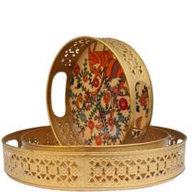 Decorative Round Trays, Deer Pichwai Trays Golden Metal Tray Serving Tray Round Decorative Tray for Coffee Table, Home Decor, Centerpiece, Kitchen Counter Serving Platter Circular Tray Set of 3