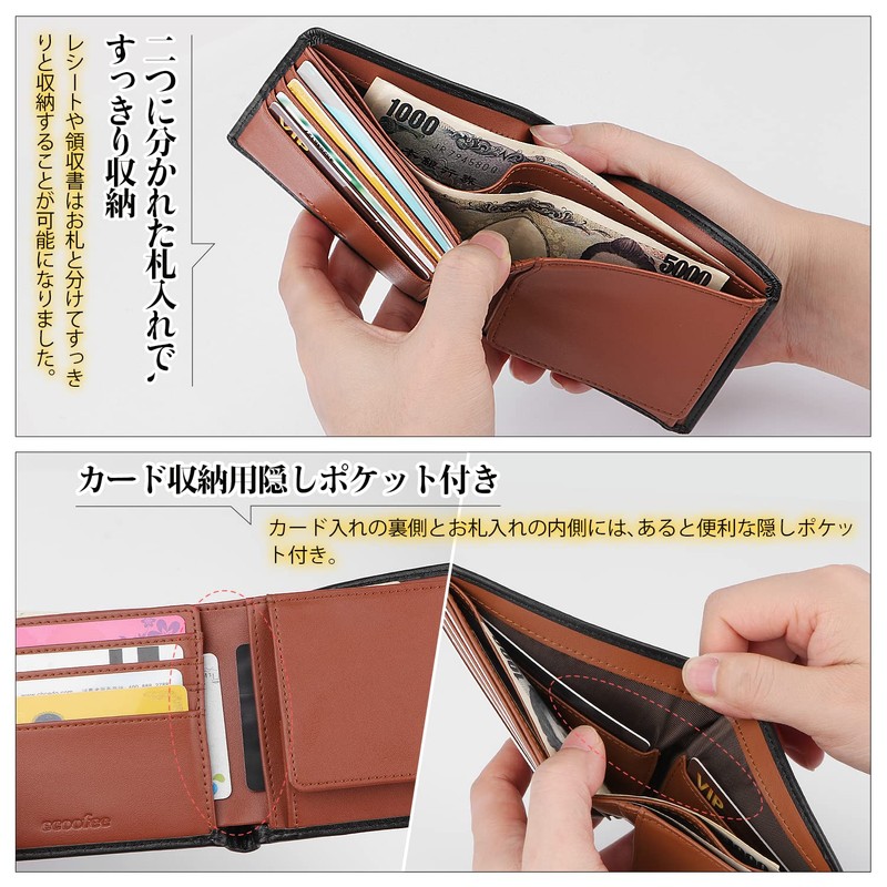 ecoofee Men's Bi-fold Wallet, Genuine Leather, Thin, Box-Shaped Coin Purse,