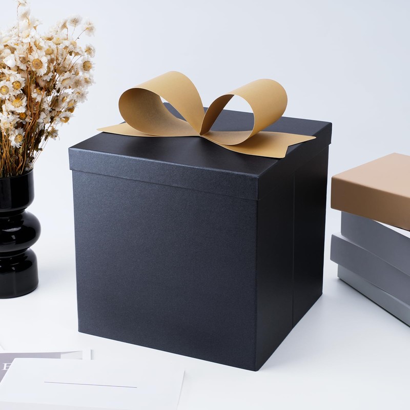LaRibbons Large Gift Boxes with Lids,10x10x10 Inches Black Square Gift