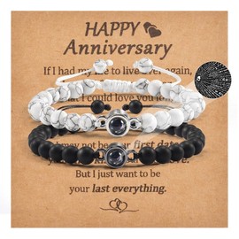 GBTBYS Couples Bracelets 2 Pcs Matching Bracelets for Boyfriend and Girlfriend White Black I Love You 100 Languages Projection Stone Bracelets Distance Bracelets Gifts for Couples Happy Anniversary
