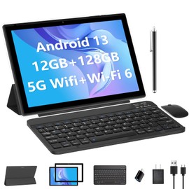 Tablet with Keyboard Android 13 Tablets 2 in 1 Tablet 12GB+128GB, 10 inch Tablets Set include Case Mouse Stylus Pen Screen Film OTG, 10.1" Tableta HD Dual Camera 2.4G/5G Wi-Fi WIFI6 BT5.0 Game Tab PC