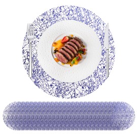 HYSENM 50 Pcs Disposable Blue Placemats Set Metallic 13 Inch Round Table Doilies, Ultra-Thin Messy Lines Disposable Placement Mats for Home Decoration Dining Table Wedding Birthday Party