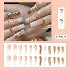 24Pcs Christmas Press on Nails with Snowflake and Rhinestone Designs Glitter Glossy Full Cover Square Xmas Artificial Fake Nails Long Acrylic Winter False Nails with Glue Stick on Nails for Women
