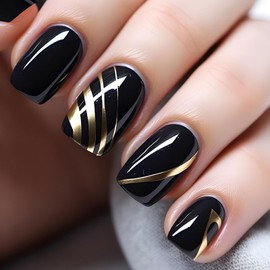 24pcs Square Press on Nails Short Acrylic Fake Nails Fashion Black-Gold Line Designs Full Cover Short Nails Glossy Black Solid Color False Nails Artificial Glue on Nails for Manicure Art