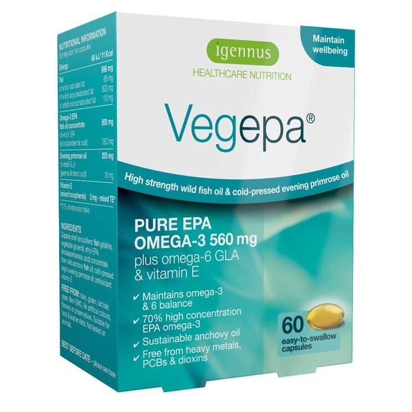Vegepa Omega 3 Wild Fish Oil & Evening Primrose Oil Blend, 560 mg EPA Plus GLA, 60 Small Softgels