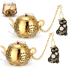 Zonon 2 Pack Gold Teapot Shape Loose Leaf Tea Infuser with Enamel Black Cat Charm Cute and Functional Tea Strainer for Loose Leaf Tea, Tea Accessories Gift for Cat Tea Women Lovers