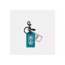 COACH CJ743 LEATHER TEAL BOTTLE OPENER KEY FOB RING "COACH" STAMPED NEW NWT
