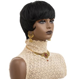 Short Wigs for Black Woemn Pixie Cut Wig Short Jet Black Hair Wig for Women Curly Cute Wigs HairCuts Pixie Wigs With Bangs Layered Wig for Women Synthetic Hair Wavy Wig Short Wigs (Jet Black)