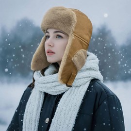 Clakllie Warm Winter Hat with Ear Flaps for Women Cold Weather Trapper Hats Lumberjack Ushanka Russian Hunting Cap,Camel