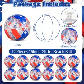 QOUBAI 12 Pack Patriotic Sequins Beach Balls 16" American Flag Pool Ball 4th of July Party Decoration PVC Jumbo Sport Ball for Adults Independence Day Summer Beach Swimming Pool Water Game Party Favor