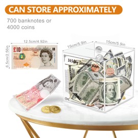 Viitech Clear Piggy Bank, 15 x 15 x 15cm Must Break to Open Acrylic Piggy Bank with 365 Days Saving Plan and Pen, Square Transparent Acrylic Money Saving Box for Budget and Save, Coin and Cash