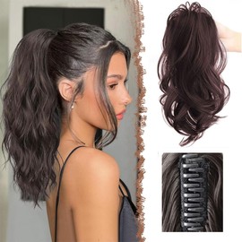 Ponytail Extension Claw Multi Layered Hair Wavy Curly Clip in Fake Pony Tails Fake Hair Soft Natural Looking Synthetic Hairpiece for Women (Dark Brown)
