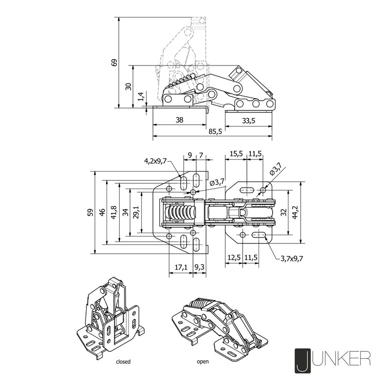 JUNKER Screw-On Hinges 90° with Soft Close and Mounting Stop