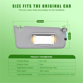 Passenger Right Side Sun Visor for Honda Accord 2008 2009 2010 2011 2012 2013 2014 2015 2016 2017 Replacement Assembly 83230TA0A91ZA, Gray