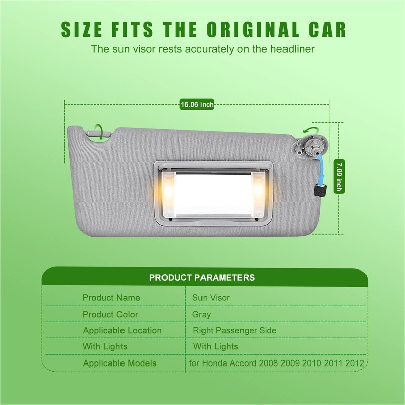 Passenger Right Side Sun Visor for Honda Accord 2008 2009