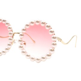 Women's Round Sunglasses Oversized Gold Metal Frame With Pearls UV400 Pink Lens