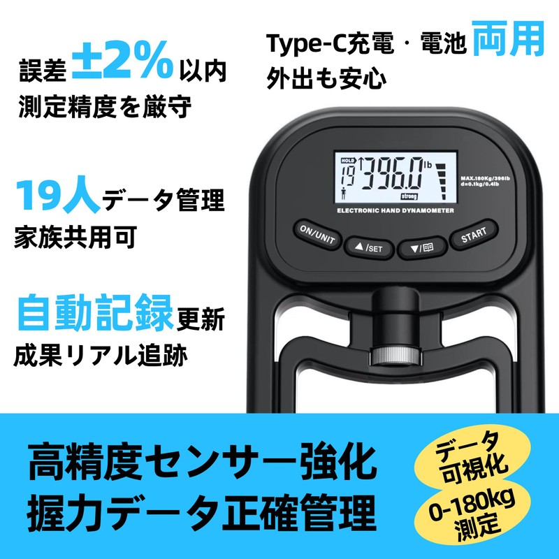 Digital Grip Strength Trainer, High Precision, 0 - 396.9 lbs
