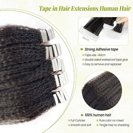 Kinky Straight Tape in Hair Extensions Human Hair, Natural Black Hair Extensions Real Human Hair Tape ins for Black Women 20 Pieces 50G 22 Inch Double Sided Invisible Tape in Hair Extensions