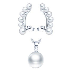 CPSLOVE Pearl Necklace Chains and Earrings for Women and Girls, 925 Silver Jewellery Sets, Pearl Collar Choker with Transparent Fishing Line Chain, Pearl Ear Cuff Earrings Earrings, Silver, Sterling