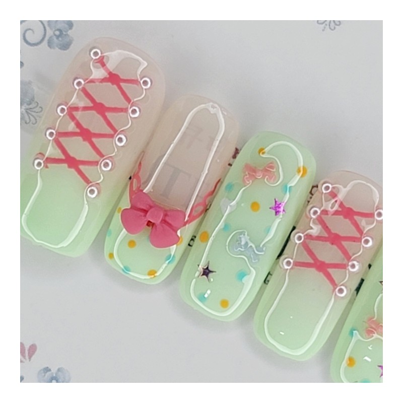 Mint Corset Handmade Nail Tips - Coffin Egg / 민트