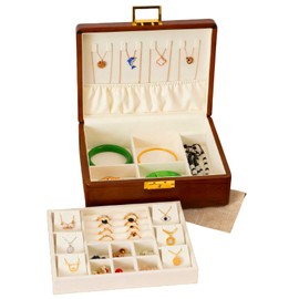 LIBOLXSP Vintage 2-Layer Solid Walnut Wooden Jewelry Box with Lock Key Velvet-Lined Organizer for Earrings Rings Necklaces Bracelets Watches Perfect Mother’s Day Gift for Him & He