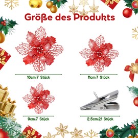 KASURE Pack of 21 Christmas Tree Decorations Flowers, Hollow Artificial Flowers, Christmas Tree Decorations, Christmas Tree Decoration, Christmas Tree Decoration with 21 Clips (16 cm x 7.11 cm x 7.9