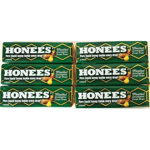 Honees All Natural Menthol Eucalyptus Cough Drops 9 Lozenges Per Bar (Pack of 6)