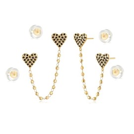 MYEARS Women Double Piercing Earrings Gold Stud Heart Chain Ear Connected Cubic Zirconia 14K Small Simple Hypoallergenic Everyday Jewelry