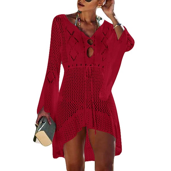 Bsubseach Mujer Pareo de Playa Rojo Ropa de Baño Croché