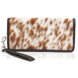 Cowhide Wallet for Women, Brown & White Cow Skin Zipper Leather Clutch, Western Wristlet Hand Purse, Fur Wallets Gift For Her- Fur Wallets for Her