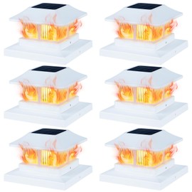 Dynaming Solar Flame Post Cap Lights Outdoor, Solar Powered White Shell Fence Post Light, Flickering Flame LED Lamps Waterproof for Garden Deck Patio, Fit 4x4, 5x5 or 6x6 Vinyl/Wooden Posts, 6 Pack