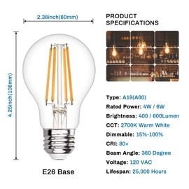 2200k Led Light Bulb,Vintage A19 Edison Bulbs,Dimmable amber Light Bulbs,Warm White Tone Light Bulb,Antique Led Filament Light Bulbs,Old Style Light Bulbs,40W/60W Equivalent,4 Watt/6 Watt,E26 Base