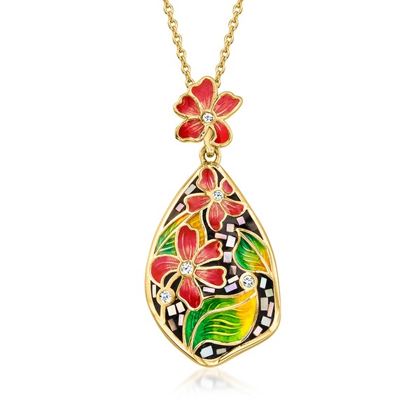 Ross-Simons Gray Mother-Of-Pearl and Multicolored Enamel Floral Pendant Necklace With