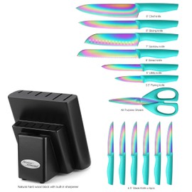 Marco Almond Knife Block Set, Knife Set Rainbow Color, 14 Piece Stainless Steel Kitchen Knife Sets with Block, KYA27 Chef Cooking Steak Knives Set for Kitchen