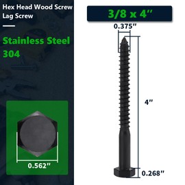 8-Sets 3/8 x 4 Black Hex Head Lag Screws & Flat Washers, Heavy Duty Wood Lag Screws, 304 Stainless Steel (18-8), 3/8" Bolt
