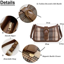 RTGGSEL Women's Contrast Color Plaid Striped Saddle Crossbody Shoulder Underarm Satchel Handbag Tote Clutch Purse Hobo Bag, Brown, Trendy Retro