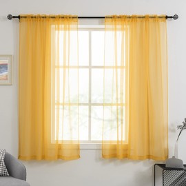 HUTO Gold Yellow Sheer Curtains 63 Inches Long for Living Room Rod Pocket Top Window Sheer Panels Curtains for Bedroom 2 Panels