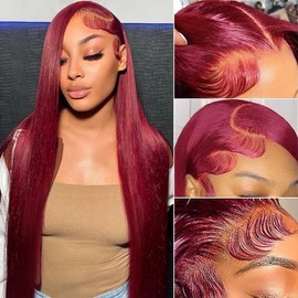 ROLKISA 99j Burgundy Lace Front Wigs Human Hair 20Inch 13x6 HD Transparent Lace Straight Red Wig Human Hair Colored Reddish Brown Lace Frontal Wigs Human Hair 180% Density Pre Plucked With Baby Hair
